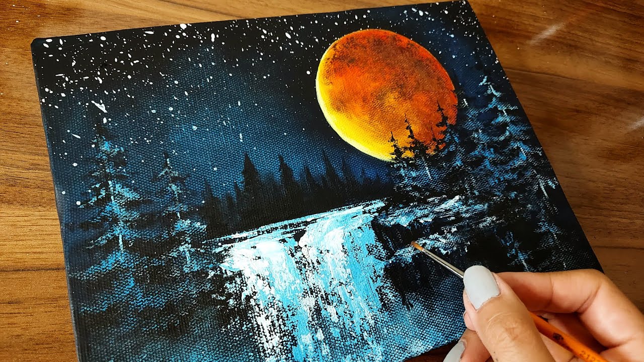 shining moon and Amazing waterfall painting/Learn Acrylic Painting for Beginners step-by-step