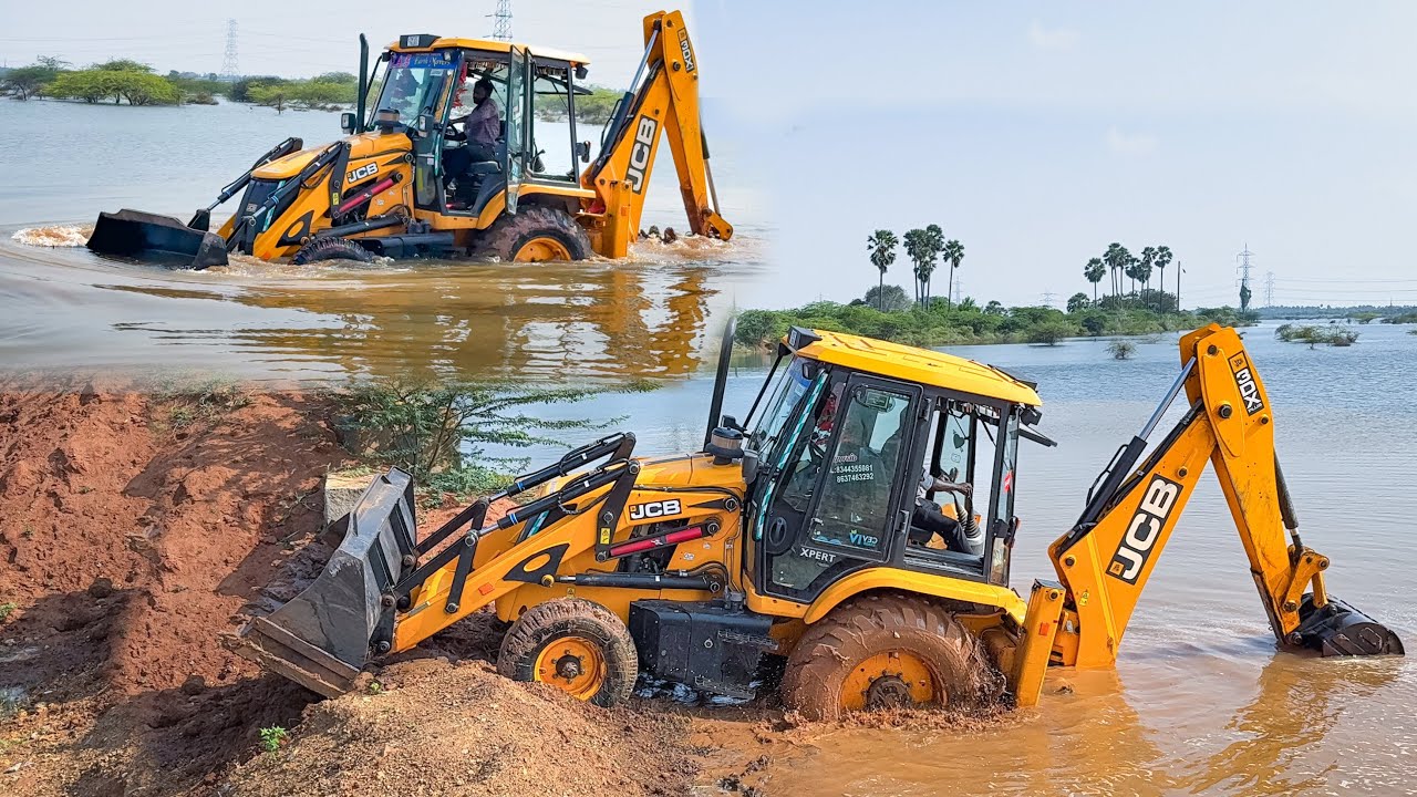 JCB 3DX Plus goes through Fully muddy pond and repairs to prevent water from leaking out of the Pond