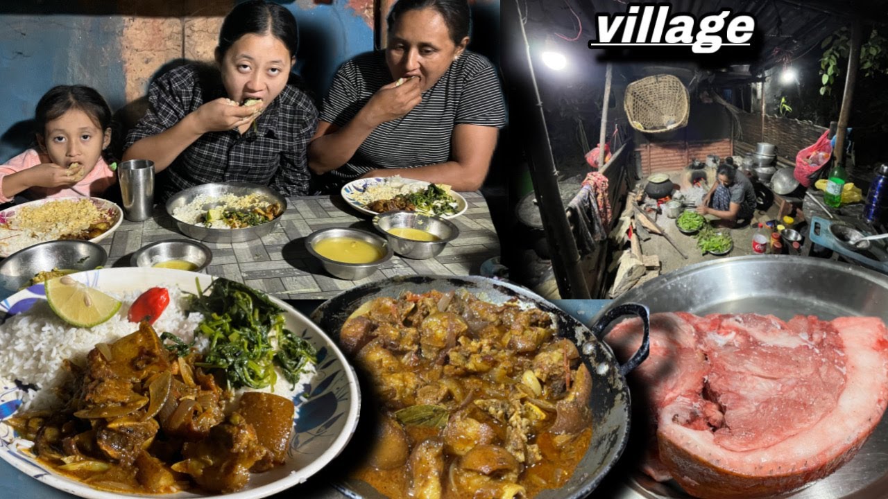 Nepali Village Cooking Pork Meat Recipe || Mustard Green Recipe Eating With Dal Rice In Village 