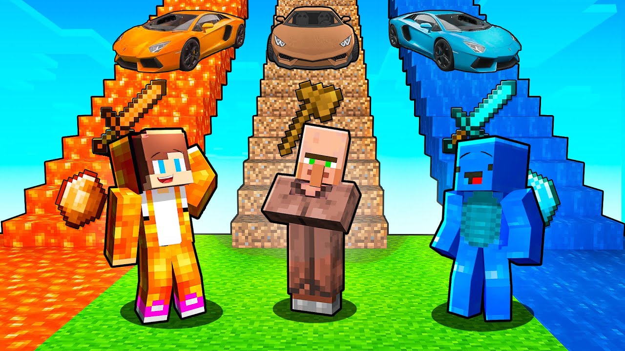 JJ and Mikey in STAIRS BATTLE! Lava vs Water vs Earth Elemental Challenge in Minecraft (Maizen)