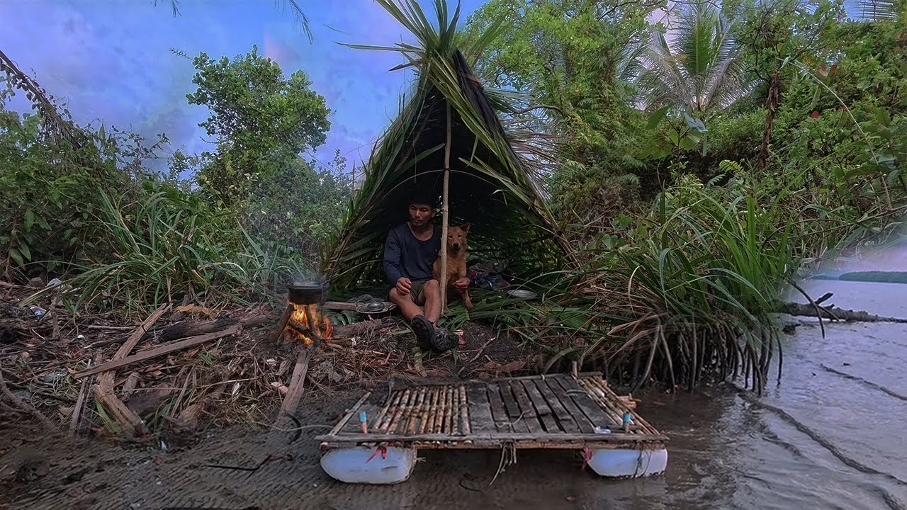 Solo Survival on Island, Living Off the Jungle | DIY Building a Shelter Catch & Cook With My Dog !