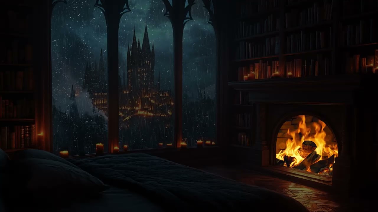 Gentle Rain Surrounding the Lonely Castle | Warm Stone Bedroom with Fireplace | Tranquil Night Mood