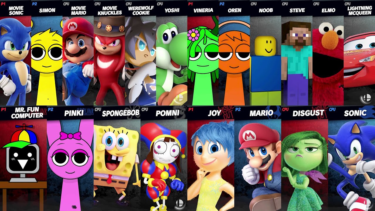 Sonic vs Mario vs SpongeBob vs Pomni vs Steve vs Sprunki Simon in Super Smash Bros Ultimate