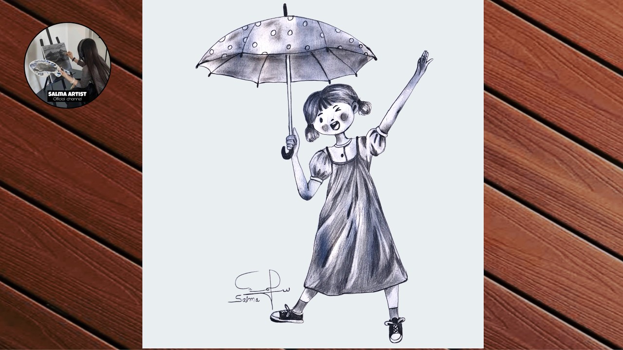 Cute Girl with Umbrella Pencil Sketch | Black and White Drawing Art