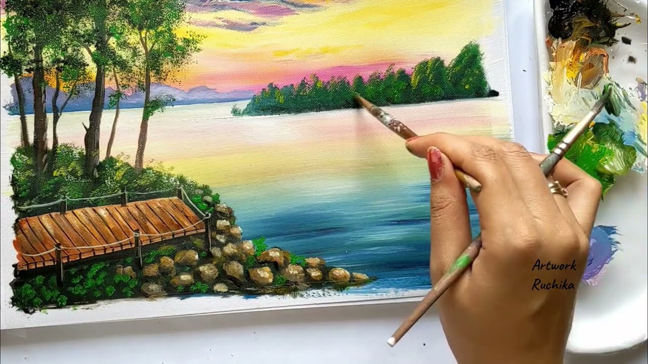 Easy Scenery Painting | How to Paint a River Landscape | Acrylic Painting for Beginners