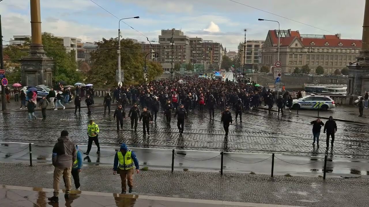 Slavia Praha fans march to Sparta stadium before derby game on 5.10.2025