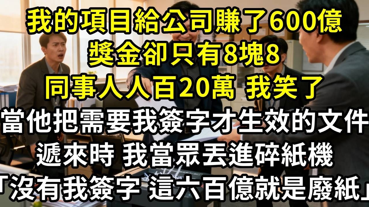 我的項目給公司帶來六百億營收，獎金卻只有八塊八，同事人人百二十萬，我笑了。當他把需要我簽字才生效的文件遞來時，我當眾丟進碎紙機：「沒有我簽字，這六百億就是廢紙」#高田小說社