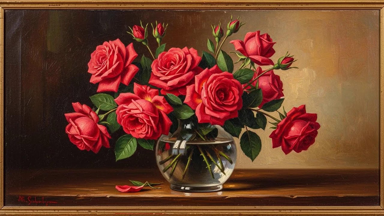RED ROSES VINTAGE GOLD FRAME OIL PAINTED TV ART | TV SCREEN SAVER