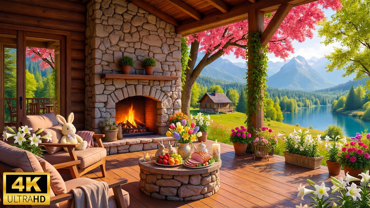 Cozy Spring Porch Lakeside 🌺 Easter Day Ambience🐰Relaxing Piano Music with Fireplace for Sleep, Calm