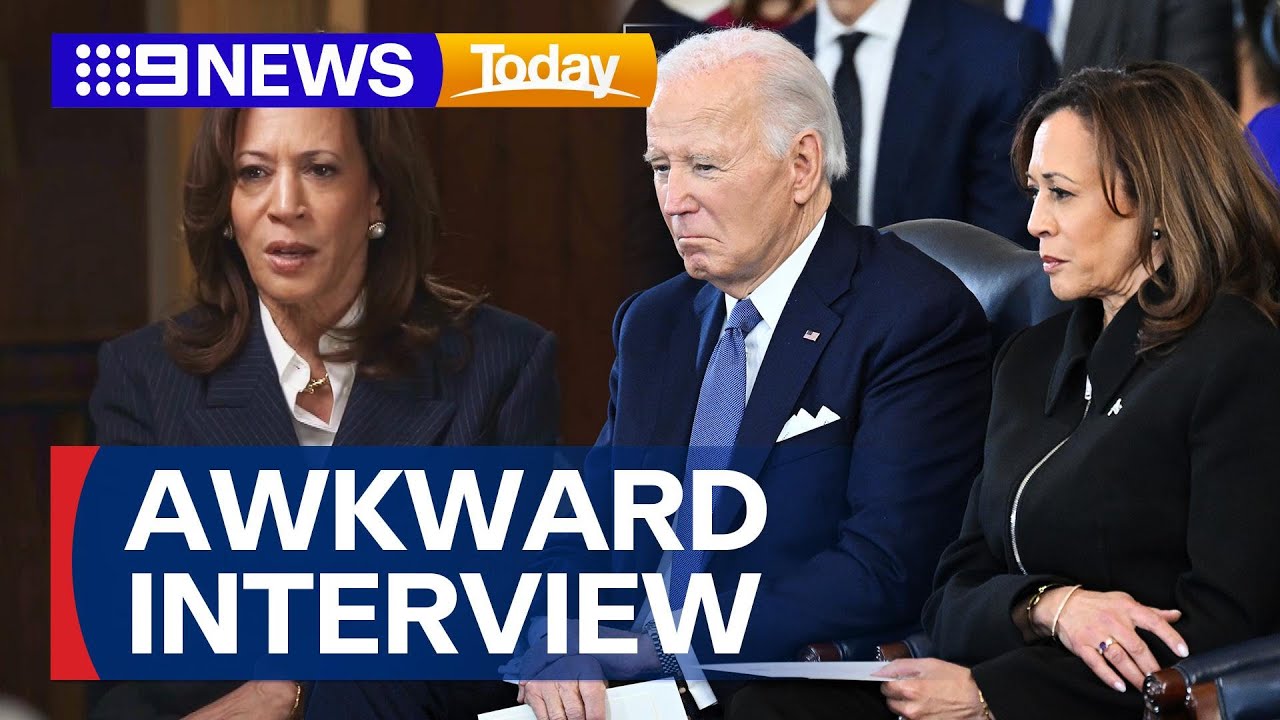 Kamala Harris defends Joe Biden in awkward Australian interview | 9 News Australia