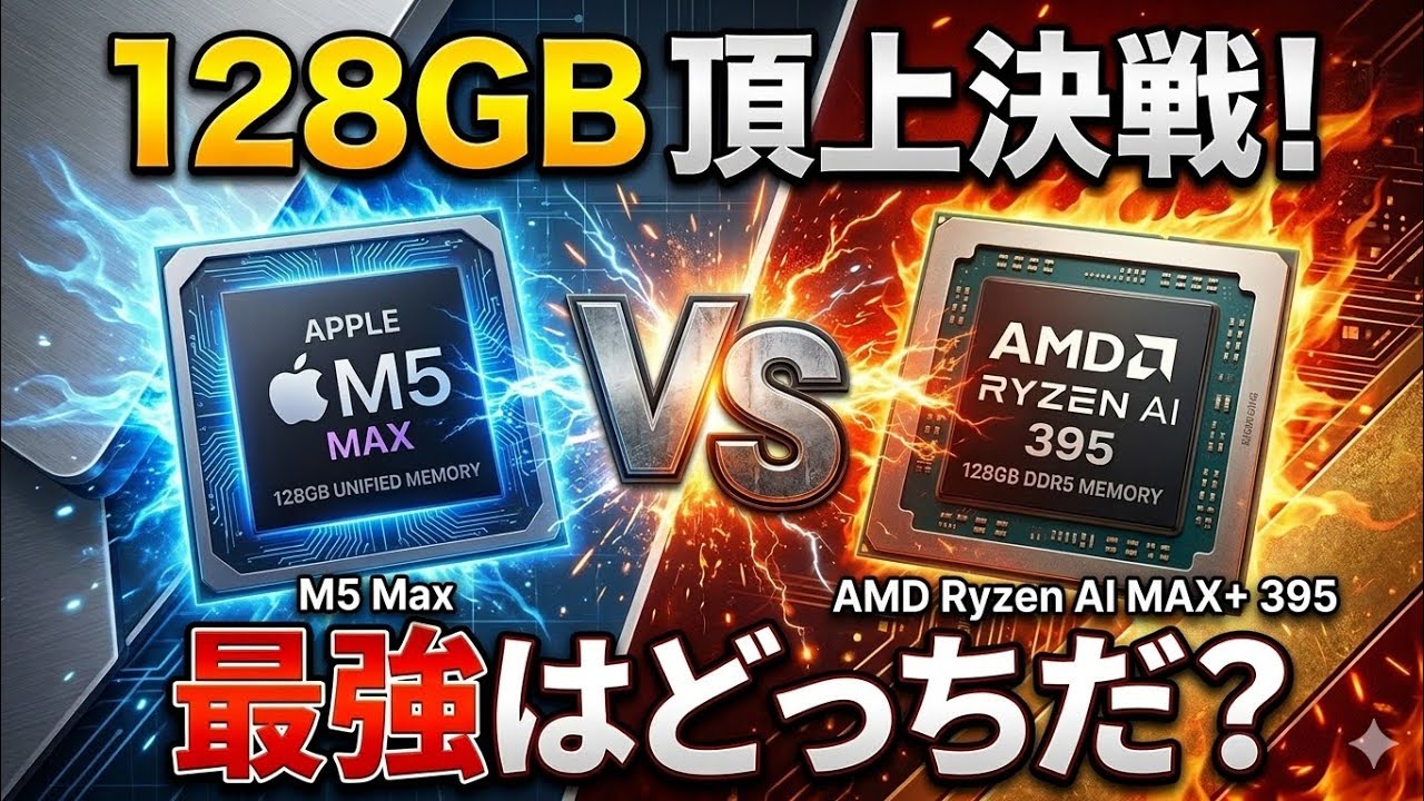 【128GBメモリの衝撃】モバイルAIチップ最強決定戦！M5 MaxとRyzen AI Max+を徹底比較