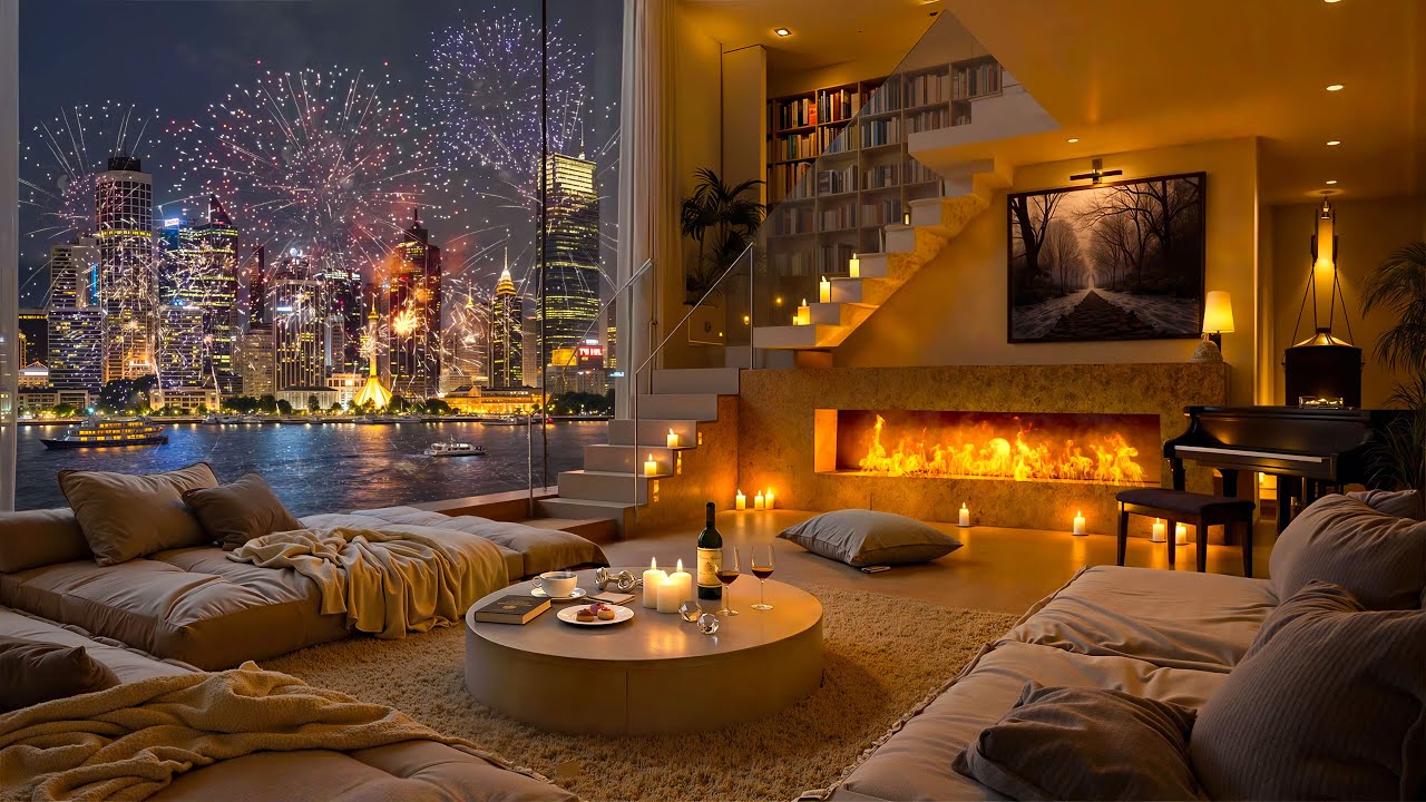 4K Brisbane Fireworks on New Year's Day 🎆 | Cozy Apartment Ambience with Soft Jazz Piano Music