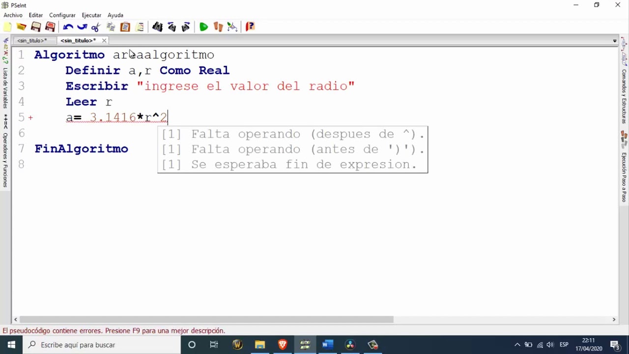 9.2 Pseudocódigo Área de un circulo (en Pseint)