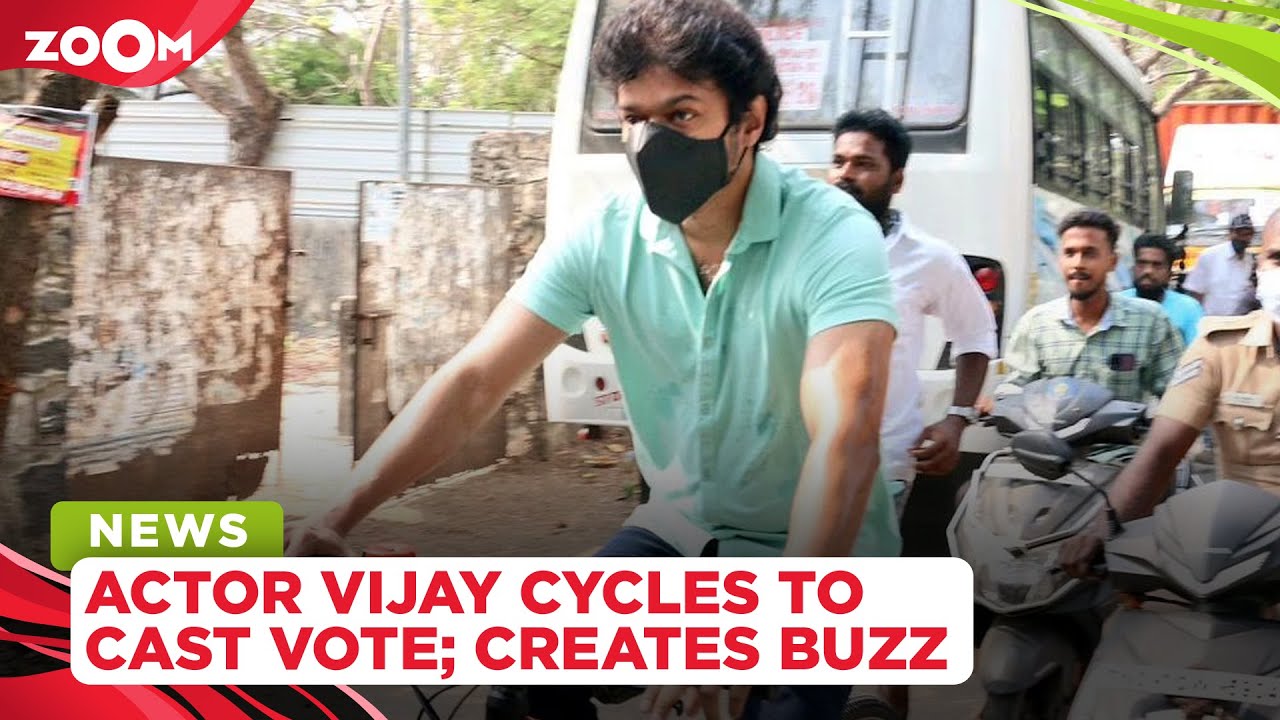Actor Vijay arrives to the voting booth on a bicycle and fans go crazy