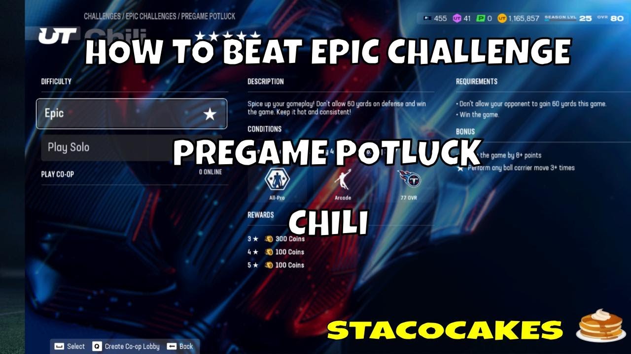 MADDEN 26 HOW TO BEAT EPIC CHALLENGE PREGAME POTLUCK CHILI SOLO