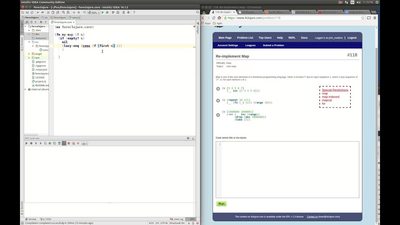 4Clojure Solution to Problem 118 Re-implement Map