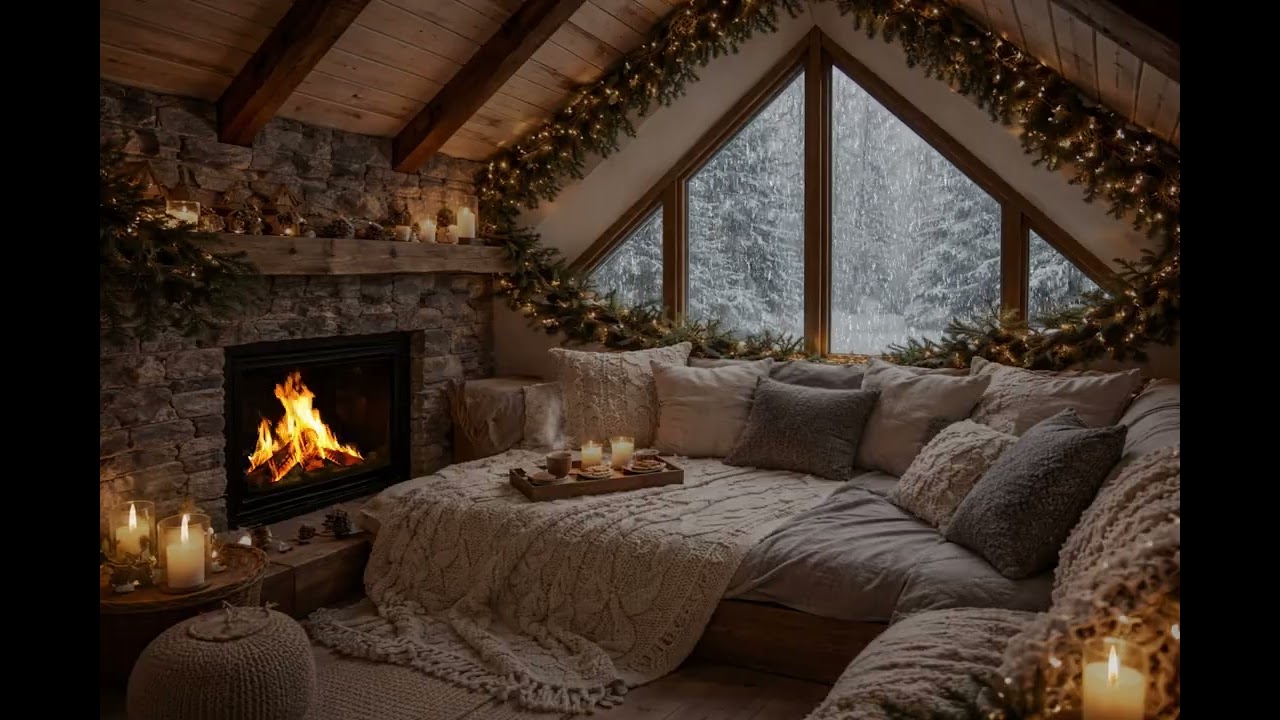 Cozy Winter Cabin Ambience ❄️ Fireplace, Candles & Snowfall | Relaxing Hygge Escape