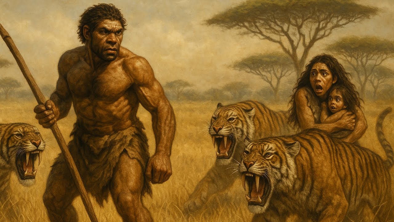 Epic Prehistoric Clash: Caveman with Stone vs Tiger.