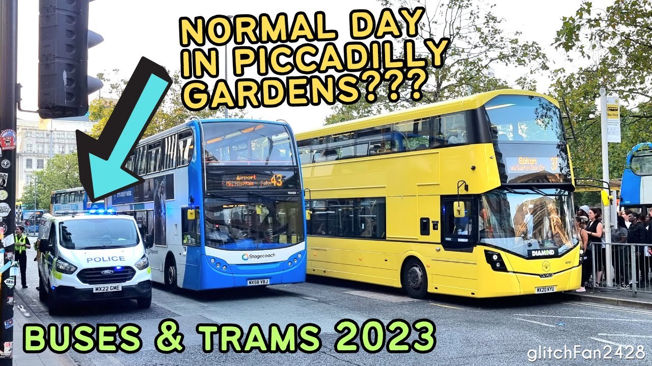 Buses & Trams at Manchester Piccadilly Gardens, England 2023