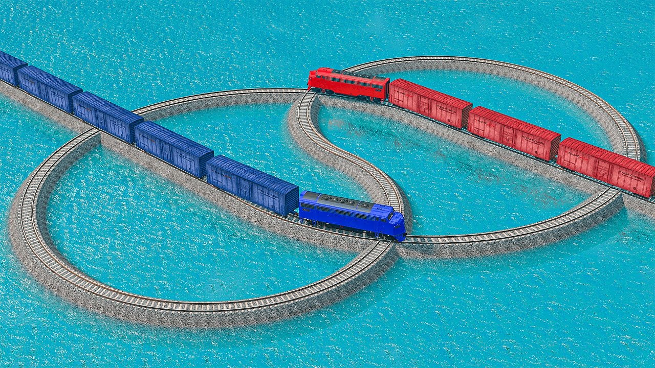 Quadruple Colorful Trains Vs Infinity Impossible Weird Rail Track Crossing Deepwater | BeamNG.drive