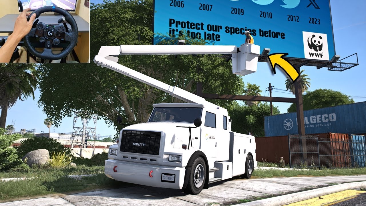 GTA 5 Lets Go To Work as Utility Truck Driver Cleaning Billboard - Steering Wheel Gameplay