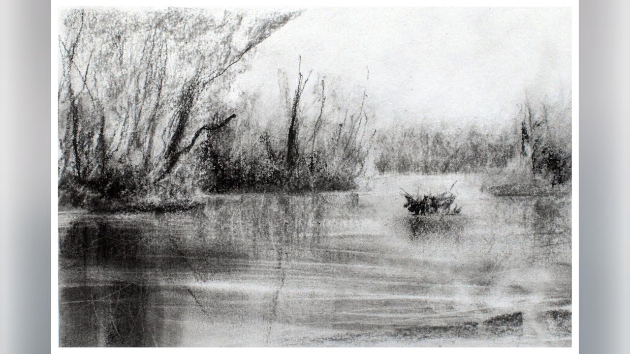 charcoal sketchbook study of a lake