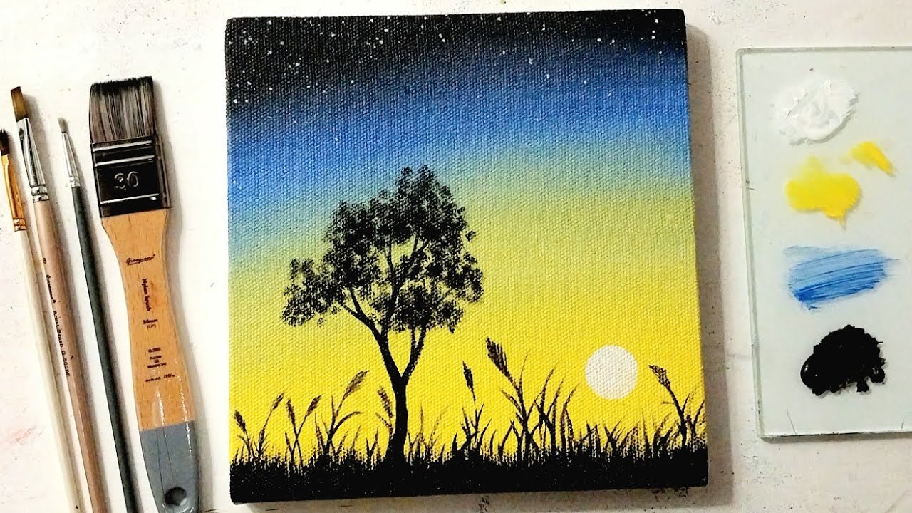 Lukisan Kanvas Pemandangan Sunset Langkah Demi Langkah Ukuran 20x20 cm