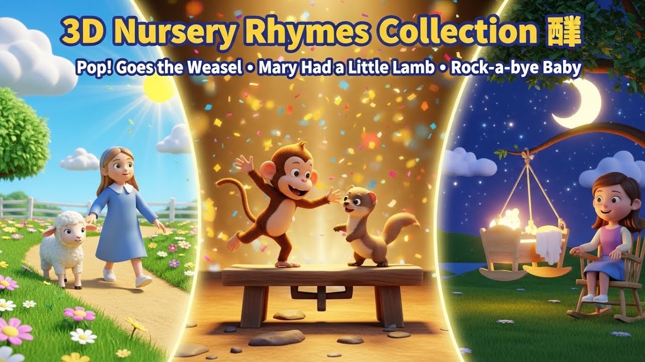 Pop! Goes the Weasel + Mary Had a Little Lamb + Rock-a-bye Baby | 3D Rhymes for Children 🌙🎶