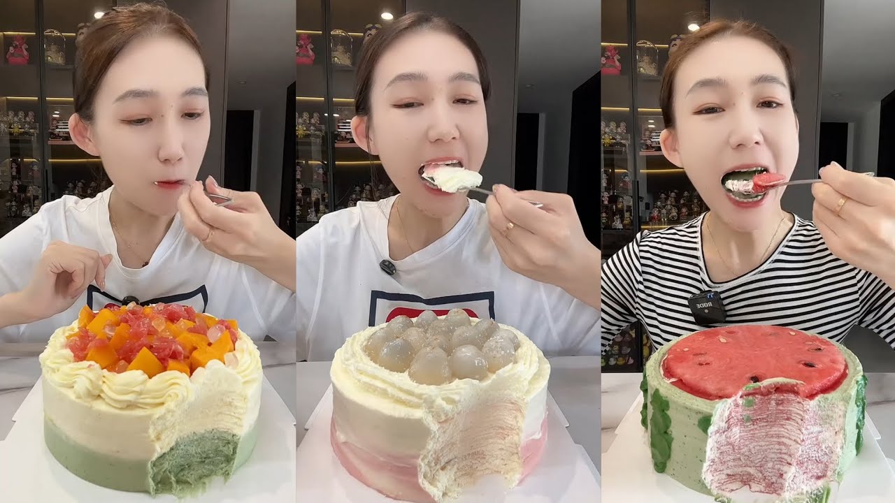 ASMR Mukbang 🍰 Colorful Cream Cake Eating Sounds | Soft Layer Cake & Fresh Fruit ASMR (No Talking)