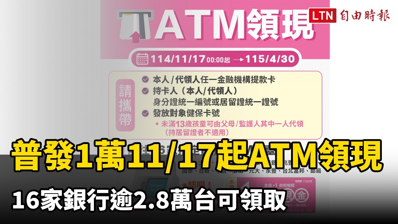 普發1萬ATM領現11/17開放  16家銀行逾2.8萬台可領取