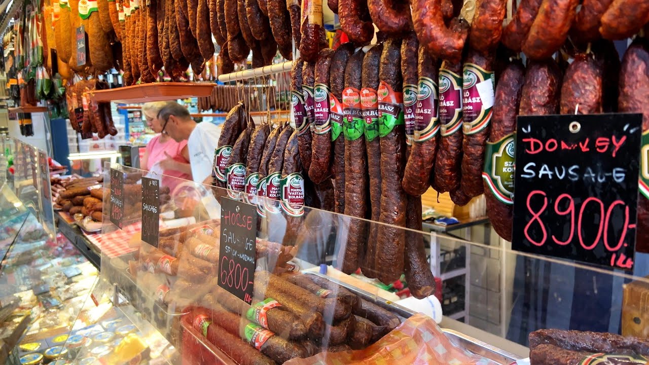 Hungarian Sausages at the Central Market Hall in Budapest, Hungary. The best sausages in Hungary!