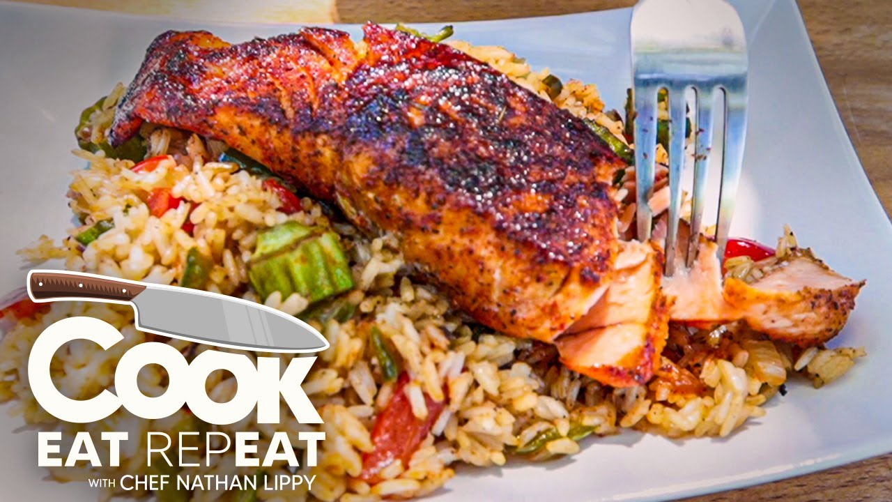 Nate Makes Honey Whisky Salmon & Cajun Rice | Cook Eat Repeat | Blackstone