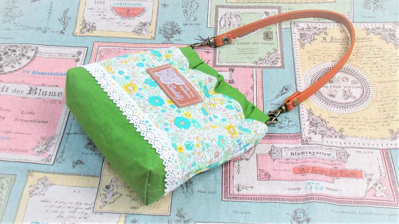 簡単バネ口金ポーチ作り方　12ｃｍ　裏地付き　マチ付き 持ち手付き　How to make a pouch