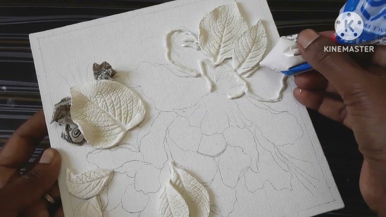 Relief paintings of flower on canvas/wallputty craft ideas/Flower and leaves using wall putty