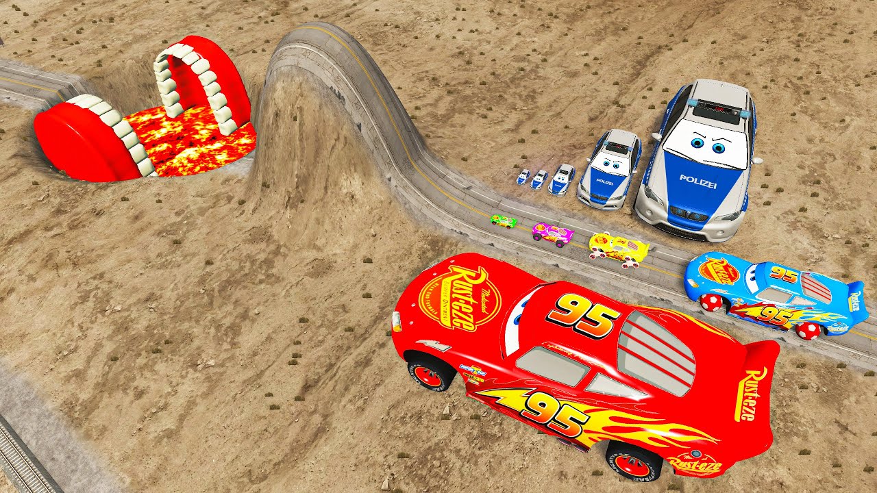 Big & Small McQueen, Police Car vs Zombie Mack & Giant Water Pit – BeamNG.drive