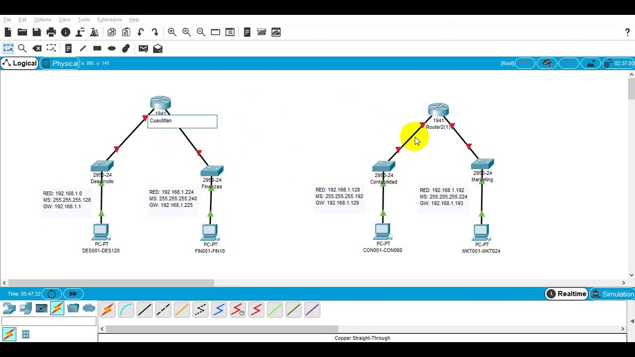 Ejemplo práctico con Packet Tracer para una red con 4 subredes