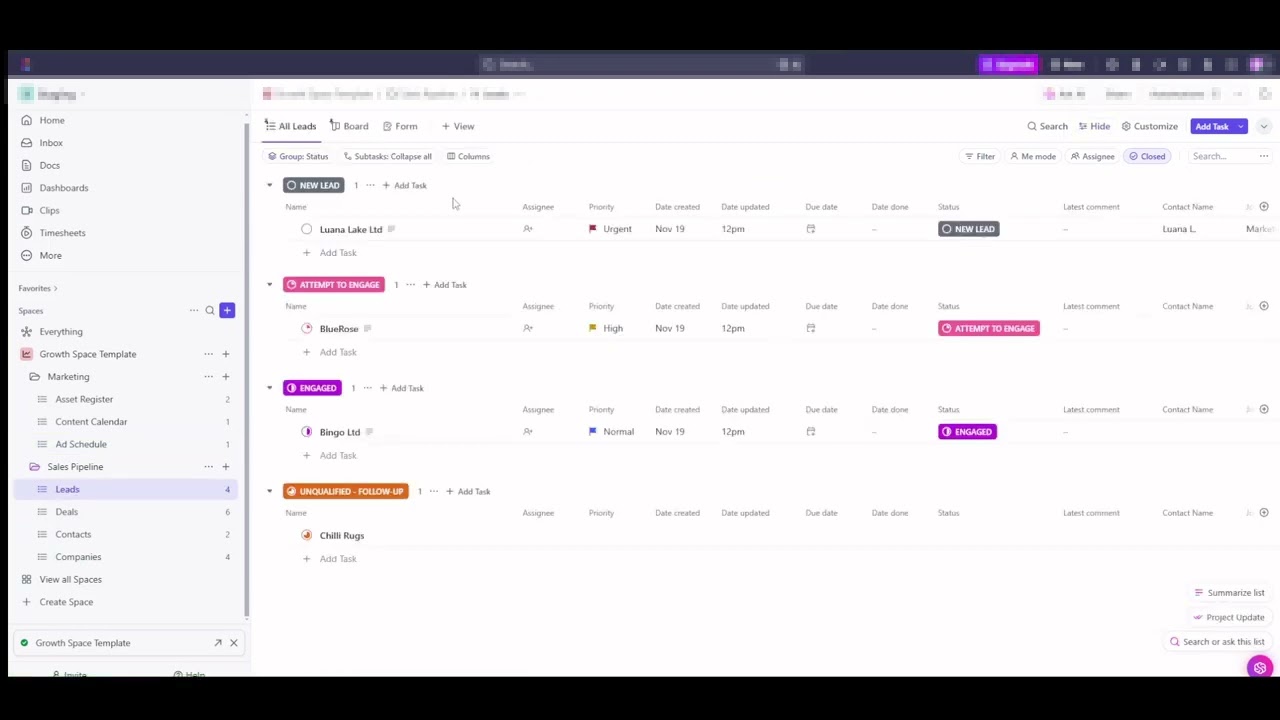 Growth Space Template - ClickUp