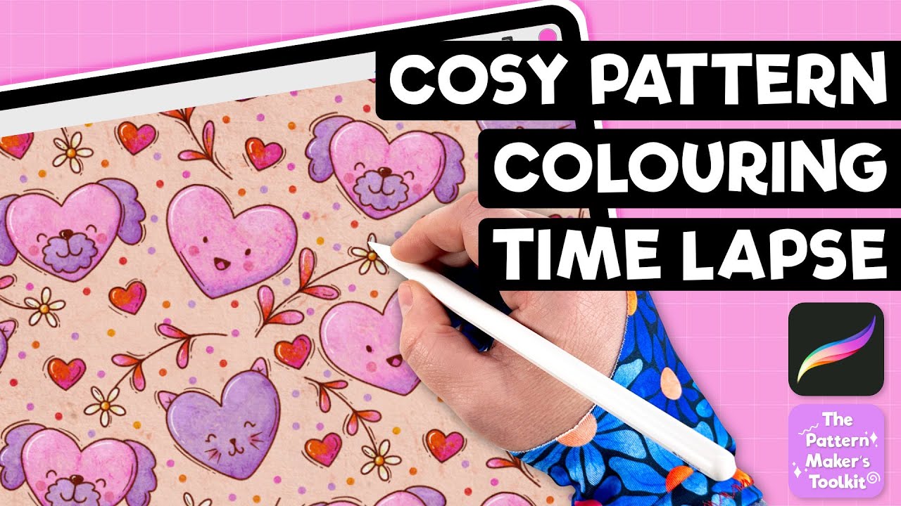 Love Hearts with Cat & Dog Faces on Wild Flower Seed Paper | Cosy Procreate Colouring Pattern-Along