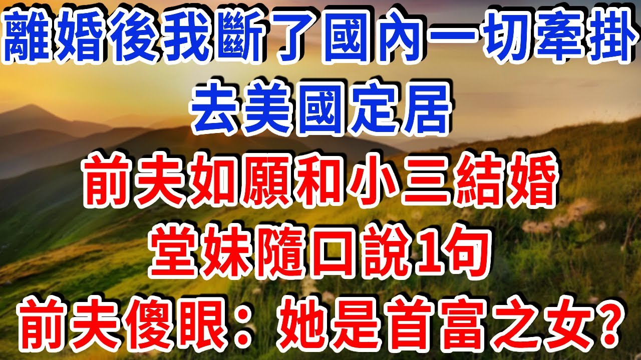 離婚後我刪除所有聯系方式，斷了國內一切牽掛，去美國定居，前夫如願和小三結婚，一次閒聊中，堂妹隨口說1句，前夫當場懵圈！#雅婷講故事#為人處世#生活經驗#情感故事#晚年哲理#說故事#完結文#出軌