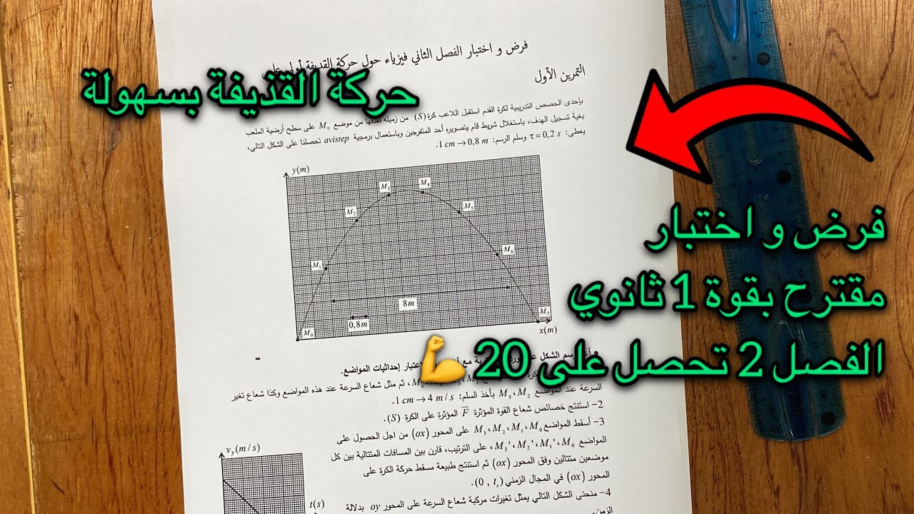 فرض و اختبار مقترح بقوة الفصل الثاني فيزياء سنة اولى 1 ثانوي علمي حول القذيفة