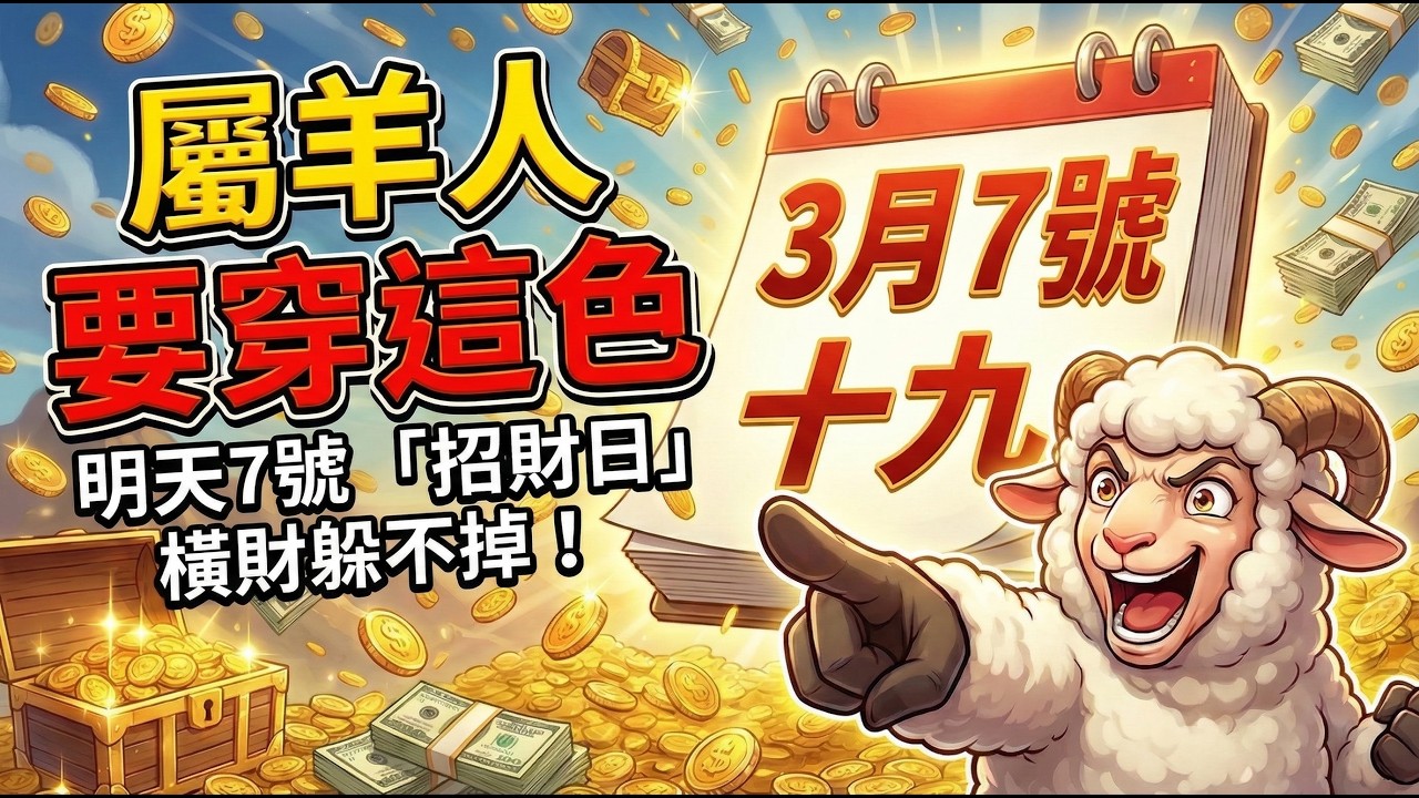 【生肖羊必看】明天3月7號，農曆正月十九是「招財日」，一定要穿『這顏色』！讓你橫財擋不住！#生肖羊2026運勢 #2026生肖羊運勢 #財運 #招財顏色 #開運顏色 #偏財運 #幸運顏色 #生肖羊
