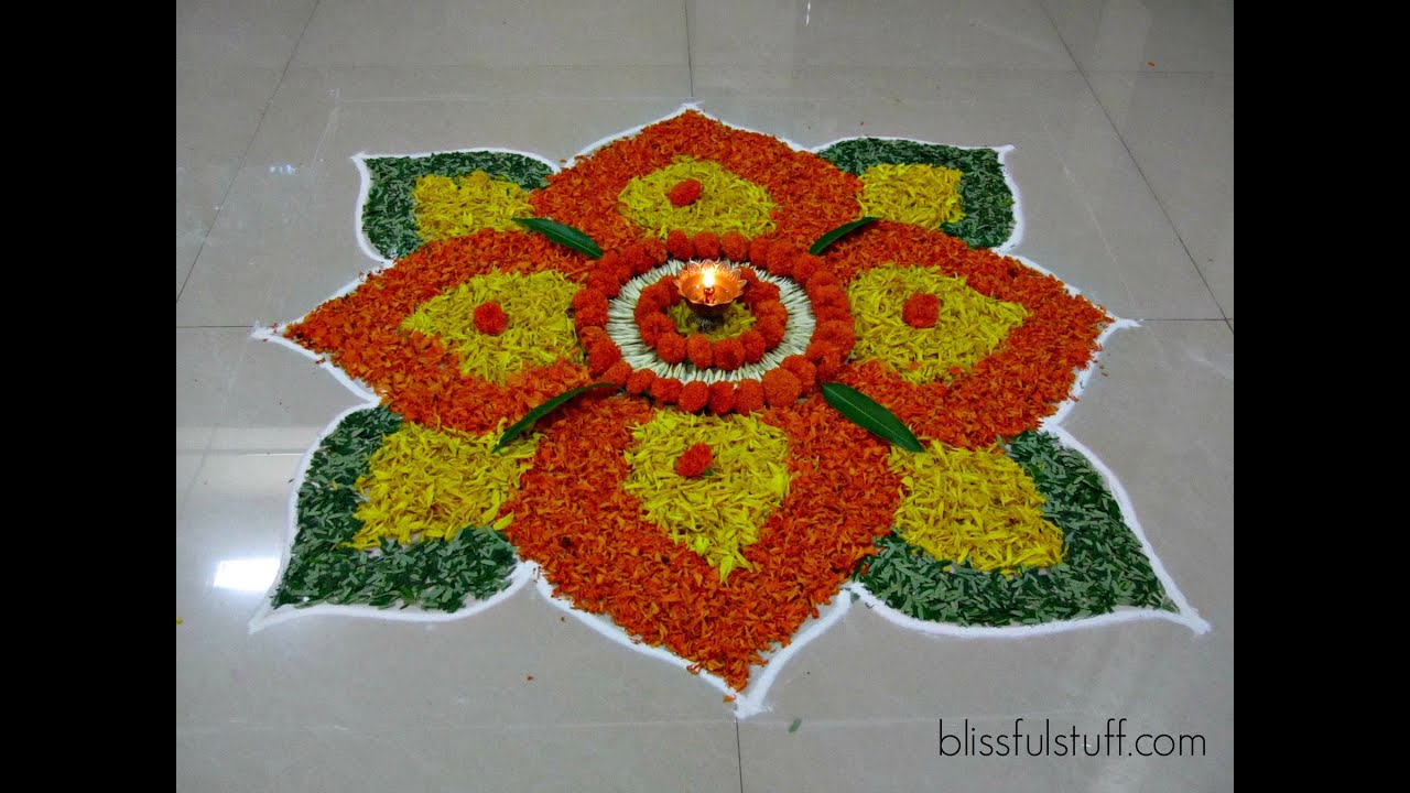 Diwali Special - Rangoli Design with marigold flowers, How to make rangoli with flowers - III