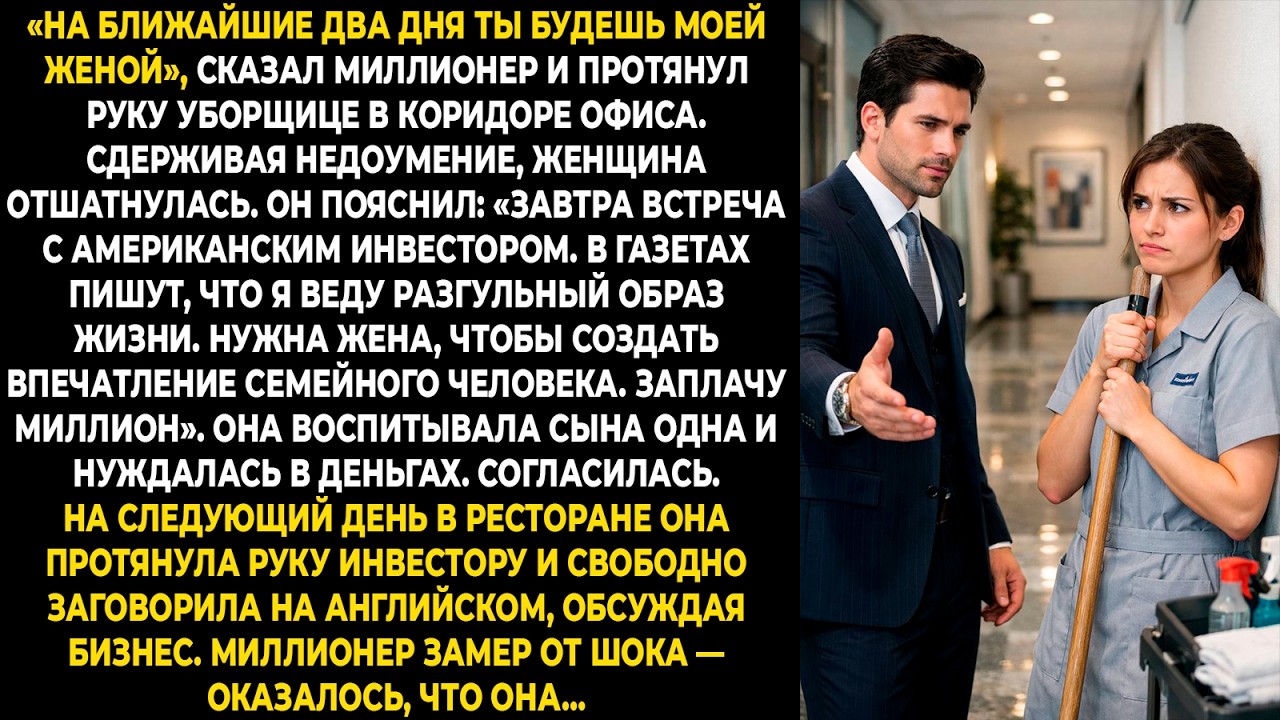 «На ближайшие два дня ты будешь моей женой», — сказал миллионер и протянул руку уборщице в коридоре
