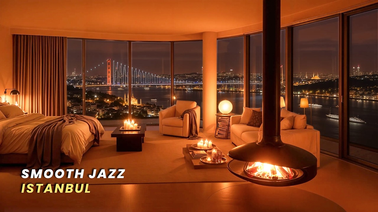 Istanbul Luxury Apartment Jazz Ambience at Night | Smooth & Cozy Fireplace Vibes