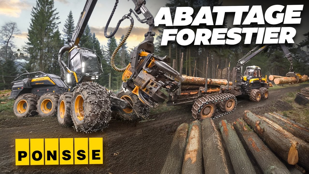 🌲🪓ABATTAGE d'ARBRES : 3 MACHINES PONSSE pour couper et transporter les BOIS !