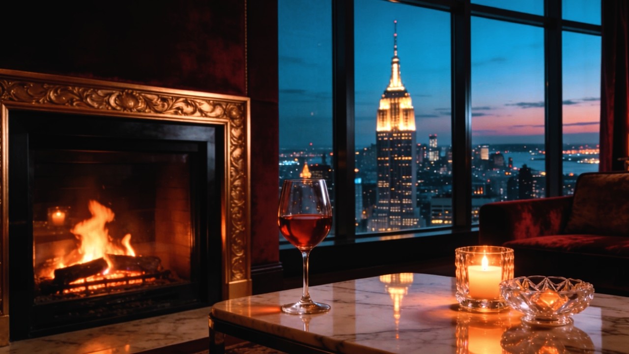 Romantic New York Jazz Nights • Crackling Fireplace & Twilight City Lights Relaxation