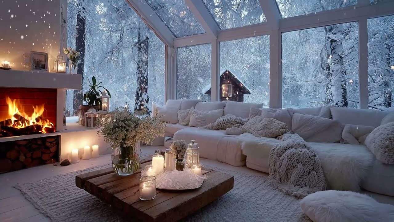 🎶🤍 Calm Piano White Lounge | 4 Hours Winter Snow Outside Window | Stress Relief Focus Study Healing