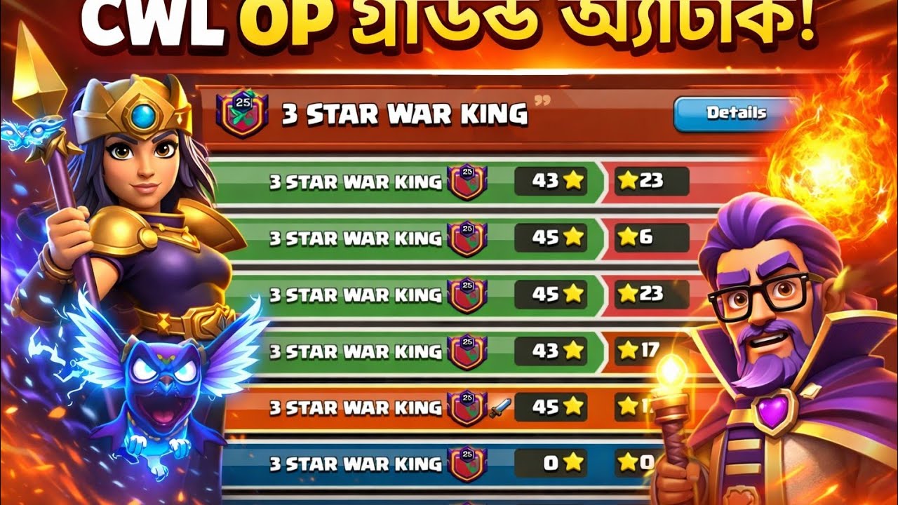 Bangla CWL Gameplay | Ground Warden +meteor golem 🔥 and air Royal Champion dragon 3 Star attack opp