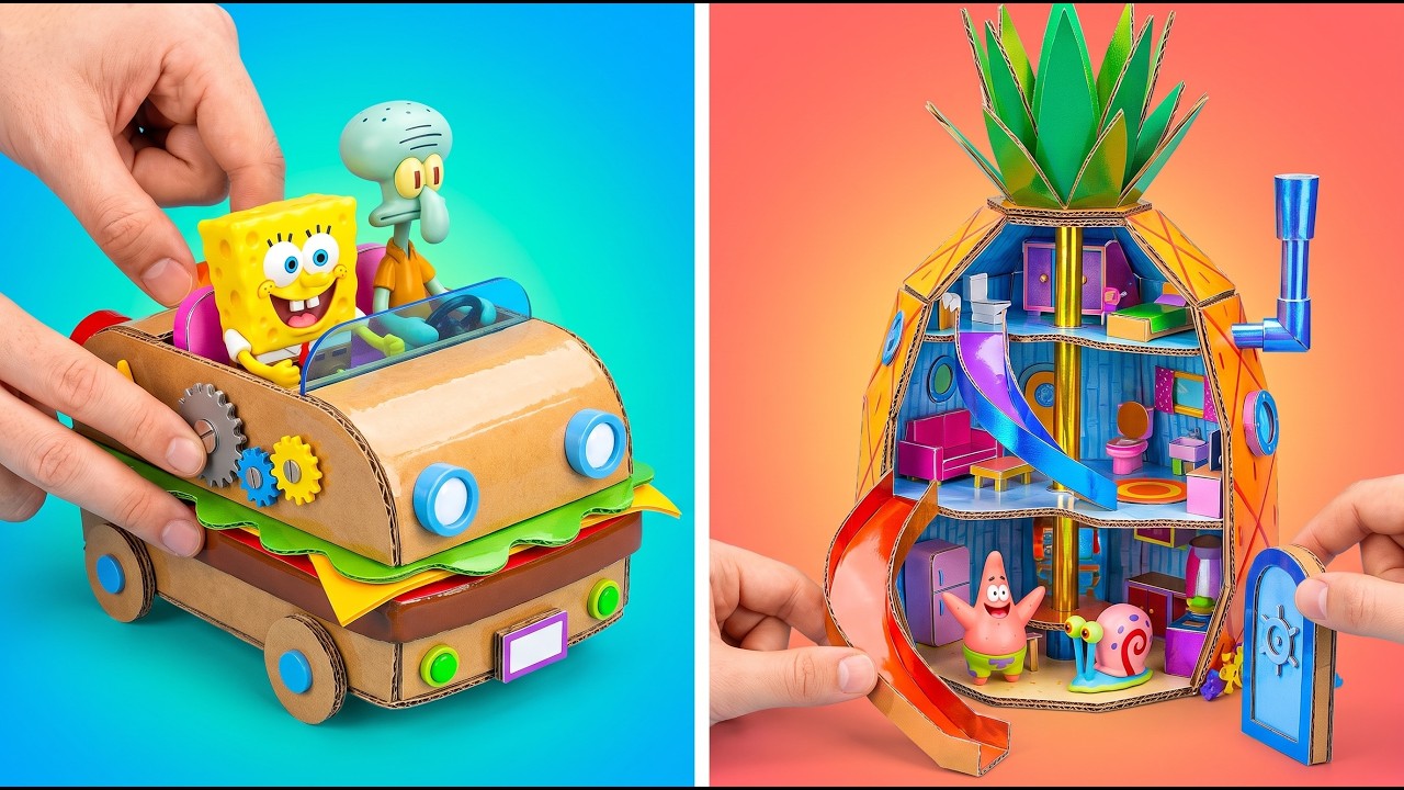 Let's Go On A Ride, Squidward 🦑💙 *New Cardboard Mini House For Sponge Bob And Friends*