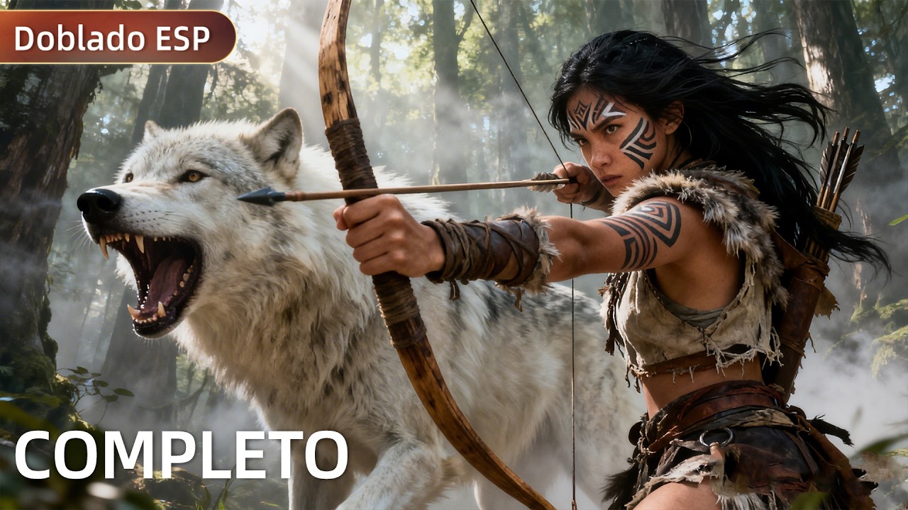 【Doblado al Españo】Una cazadora, con ayuda de un lobo, mata a un gran oso de una flecha.